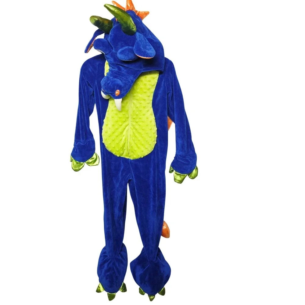 Spooked Dragon Costume Kids 4T Blue Orange Wings Plush Jumpsuit READ FLAW